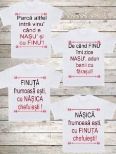 Set 4 tricouri albe personalizate cu mesaj pentru nasi si finiGifts-Heaven